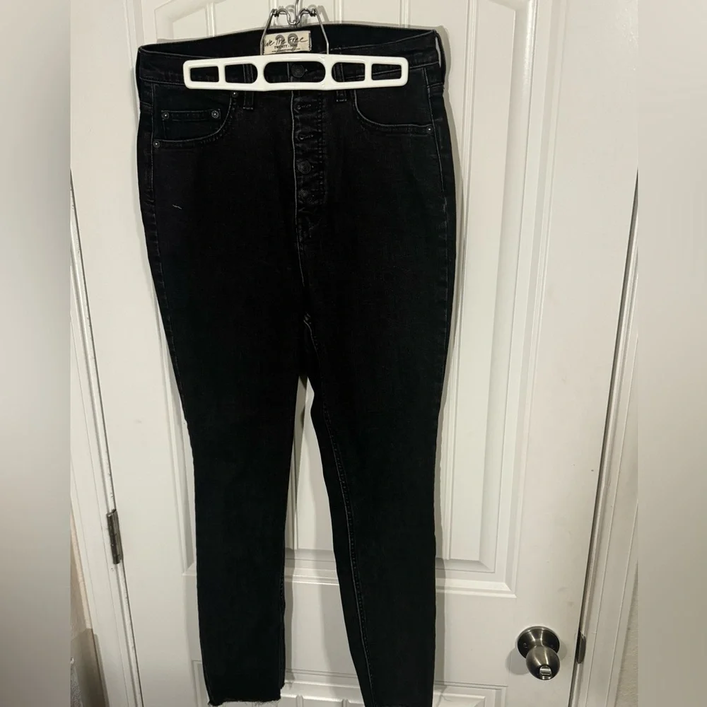 Free People Womens Curvy 29 Black Stretch Denim High Rise Skinny Button Fly Jean
